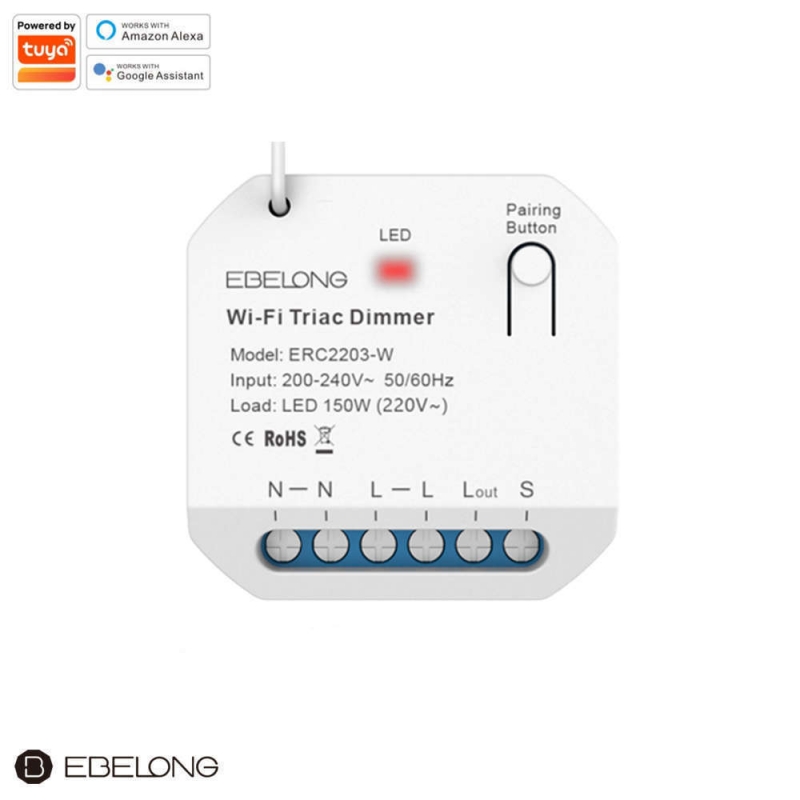Едноканален WiFi + RF TRIAC контролер Димируем 200-240V 1.5A LED 150W EBELONG ERC2203-W Ключове и контакти
