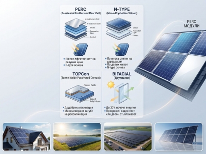 Видове соларни панели: какво означават PERC, N-type, TOPCon и Bifacial?