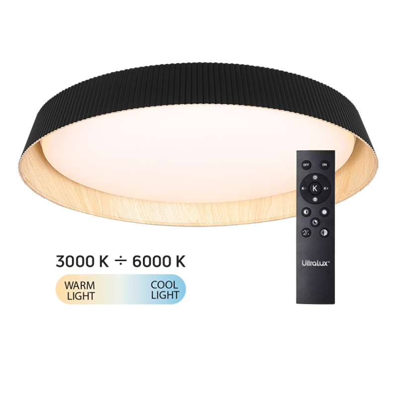 LED димираща ССТ плафониера с дистанционно управление, черен/дърво, max.72W, 3000K-6000К LED димираща ССТ плафониера с дистанционно управление, черен/дърво, max.72W, 3000K-6000К LED осветление