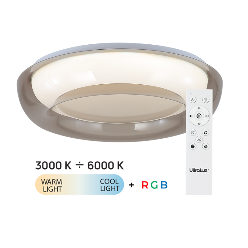 LED димираща ССТ+RGB плафониера с дистанционно управление, опушен кварц, 28W+5W, 3000K-6000К+RGB LED димираща ССТ+RGB плафониера с дистанционно управление, опушен кварц, 28W+5W, 3000K-6000К+RGB LED осветление
