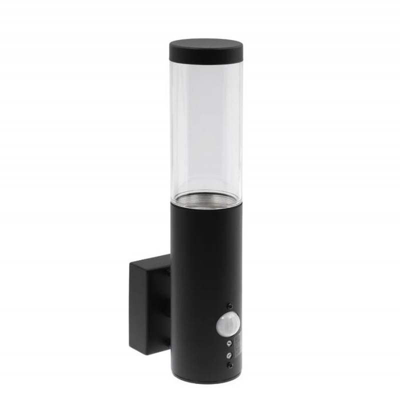 ФАСАДЕН АПЛИК С PIR СЕНЗОР RIGA-W1S 1xGU10 IP44 Φ60x290x116mm ЧЕРЕН ЦВЯТ 3241410 VITO LED крушки