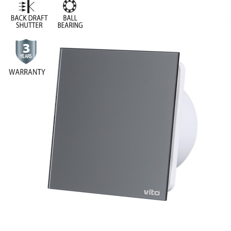 ВЕНТИЛАТОР ЗА БАНЯ VENTI-GL100/Φ100MM/СТЪКЛЕН ПАНЕЛ/ЛАГЕР И КЛАПА/СИВ 12W 8005250 VITO LED панели