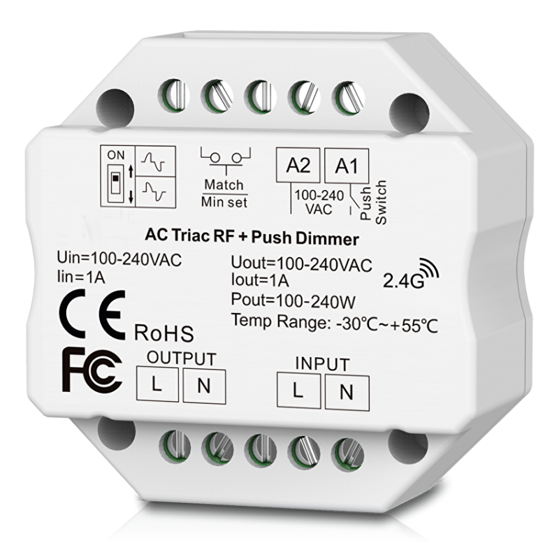 RF TRIAC, PUSH димер за конзола 350VA, 1.5A, 220-240V AC LED ленти профили и аксесоари