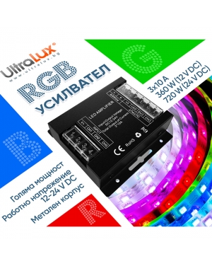 Усилвател за RGB LED лента 3X10A, 360W (12V DC), 12-24V DC LED ленти профили и аксесоари