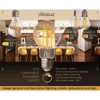 LED filament лампа крушка, димираща, 8W, E27, 2700K, 220-240V AC, топла светлина LED крушки