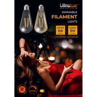 LED filament COB лампа крушка, димираща, 8W, E27, 2500K, 220-240V AC, амбър, ST64 LED крушки