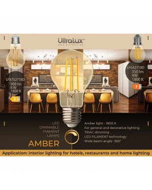 LED filament лампа топка, димираща, 4W, E27, 1800K, 220-240V AC, амбър LED крушки
