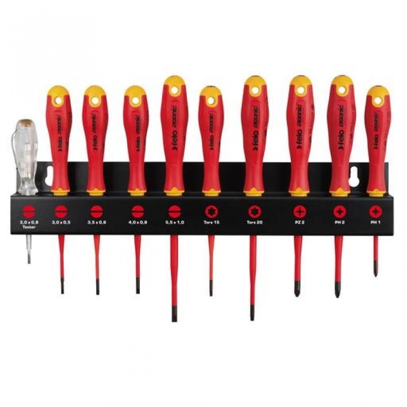 Комплект отвертки FELO Ergonic XL-Rack 10-бр VDE 413: 2,5 x 75 / 3,5 x 100 / 4,0 x 100 / 5,5 x 125 414: PH 0 x 60 / PH 1 x 80 / PH 2 x 100 Професионални инструменти