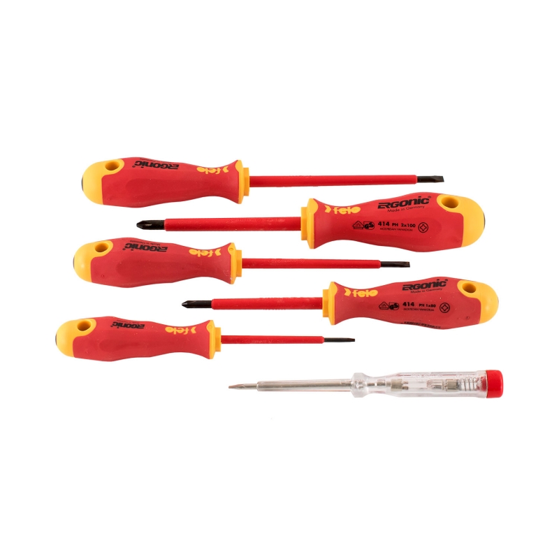 Комплект отвертки FELO 400 Ergonic 1000V 6-бр 413: 2,5 x 75 / 4,0 x 100 / 5,5 x 125 414: PH1 x 80 / PH2 x 100 Професионални инструменти