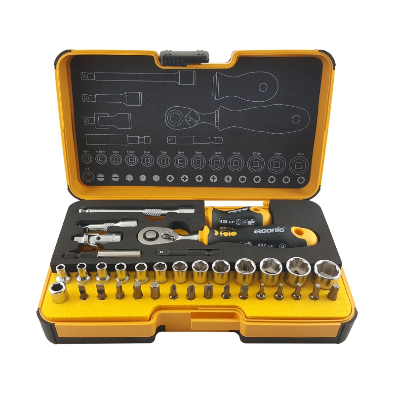 Комплект гедоре FELO R-GO XL 36-бр ERGONIC Ratchet 1/4'' / ERGONIC Ratsche 1/4'' ERGONIC Stubby 1/4'' / ERGONIC Stubby 1/4'' Bits 4 / 4,5 / 5 / 5,5 / 6 / 7 / 8 / 9 / 10 / 11 / 12 / 13 / 14mm Професионални инструменти