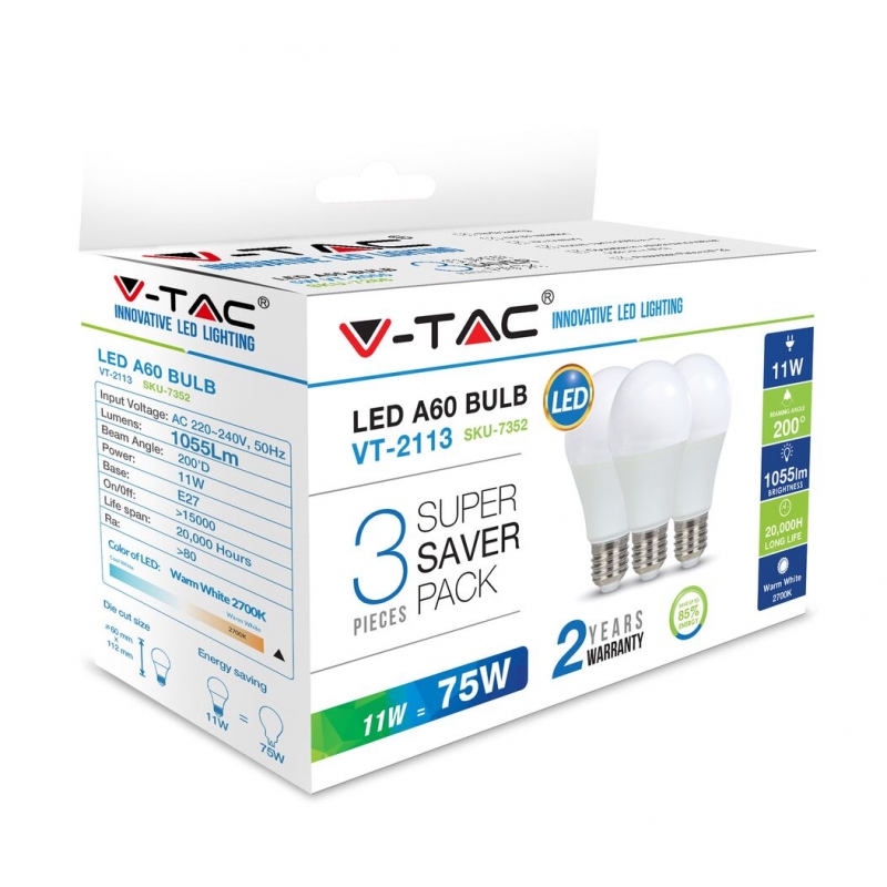 LED Крушка - 10.5W E27 A60 Термо Пластик 6400K 3Бр/Сет LED крушки Е27