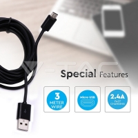 Micro USB Кабел 3M Черен Микро USB Кабели