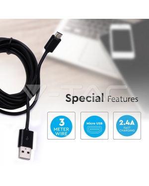 Micro USB Кабел 3M Черен Микро USB Кабели