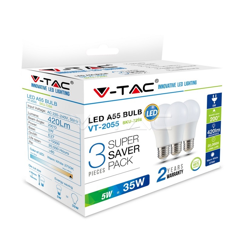 LED Крушка - 5W E27 A55 Термо Пластик 2700K 3Бр/Сет LED крушки Е27
