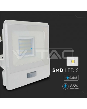 20W LED Прожектор PIR Сензор SAMSUNG ЧИП Бяло Тяло 4000К 1М Кабел LED екстериорно осветление