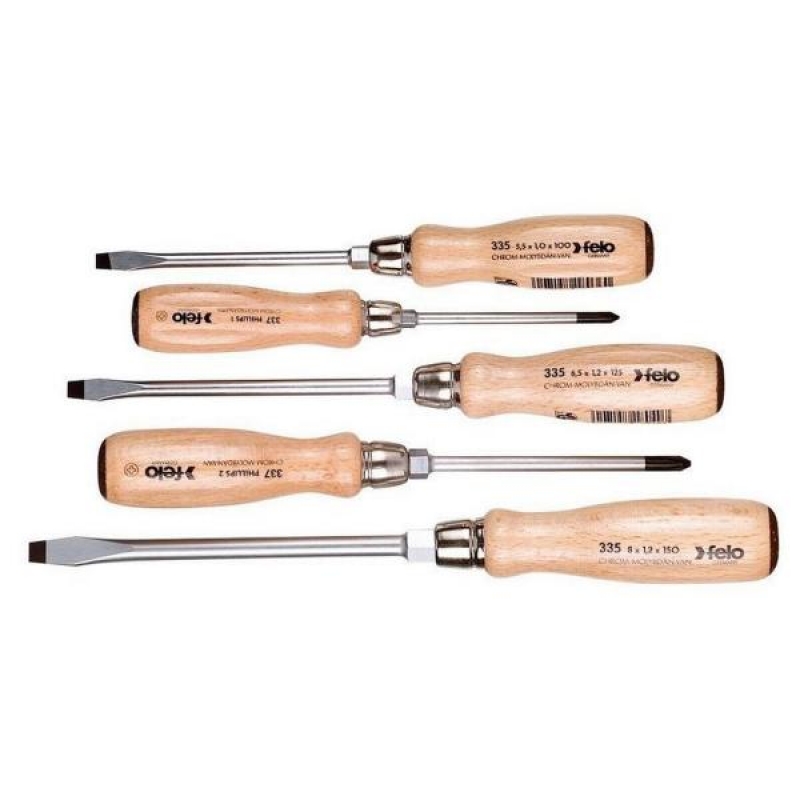 Комплект отвертки FELO 335 5-бр (3 x ) 335: 5,5 x 100 / 7,0 x 125 / 9,0 x 150 (2 x ) 337: PH 1 x 80 / PH 2 x 100 Комплекти и сетове