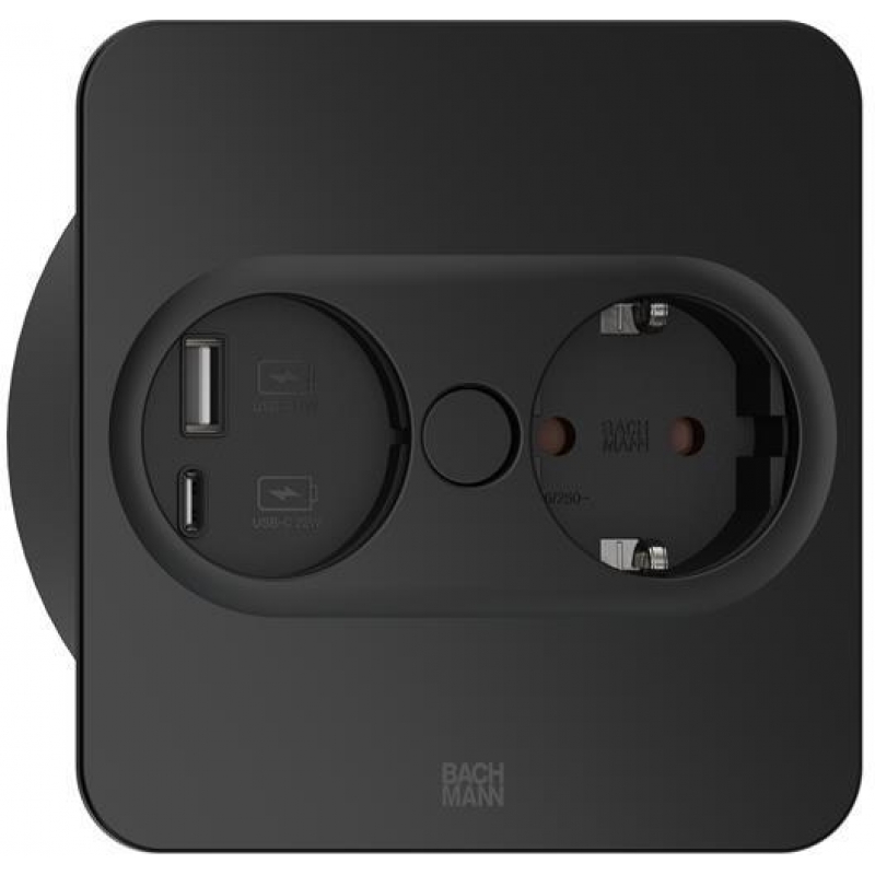 Модул TWIST 2 КВАДРАТЕН с 1х Шуко и USB тип A+C, с кабел 2м, цвят Черен, Bachmann Мебелни контакти BACHMANN