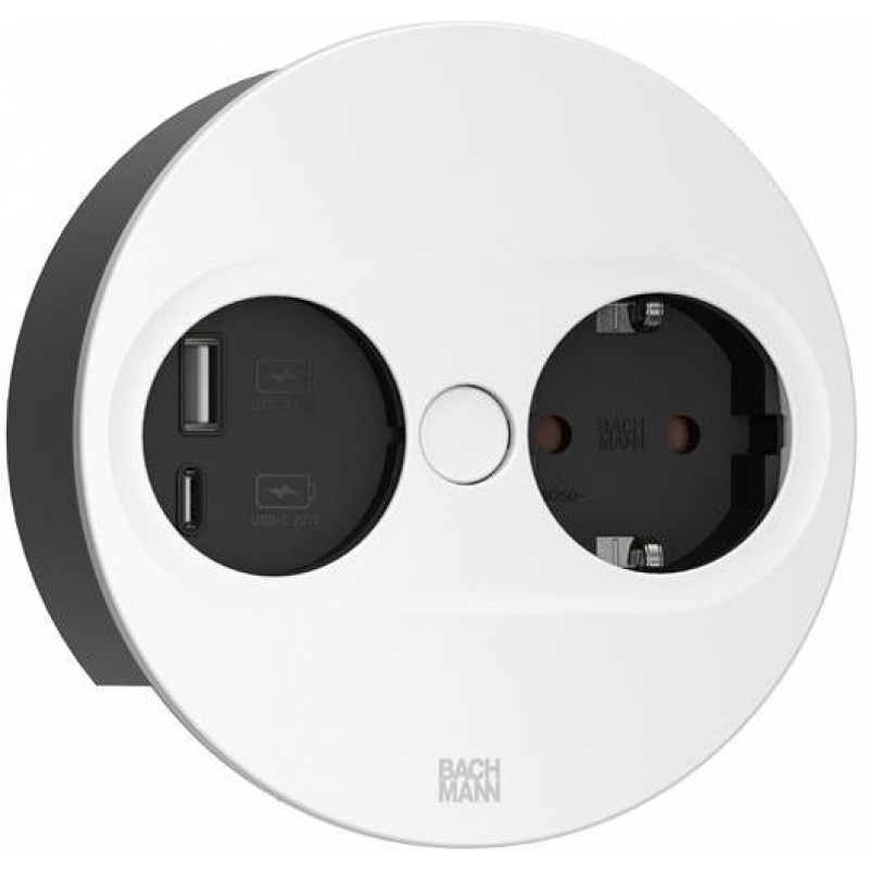 Модул TWIST 2 КРЪГЪЛ с 1х Шуко и USB тип A+C, с кабел 2м, цвят Бял, Bachmann Мебелни контакти BACHMANN