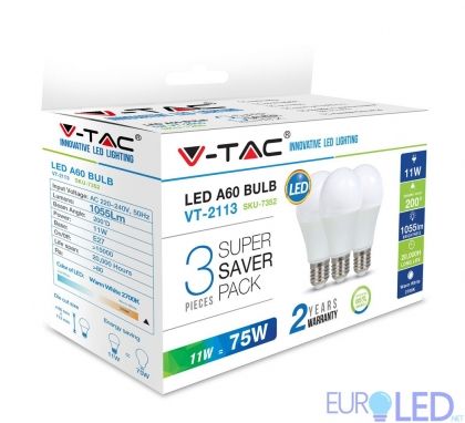 LED Крушка - 11W E27 A60 Термо Пластик 6400K 3Бр/Сет