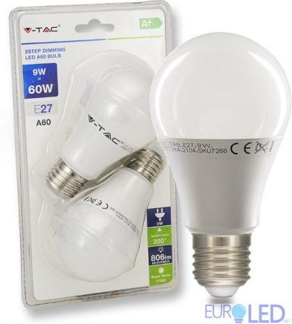 LED Крушка - 9W E27 A60 Термо Пластик 3Степенно Димиране 2700K 2Бр/Блистер -  NEW   